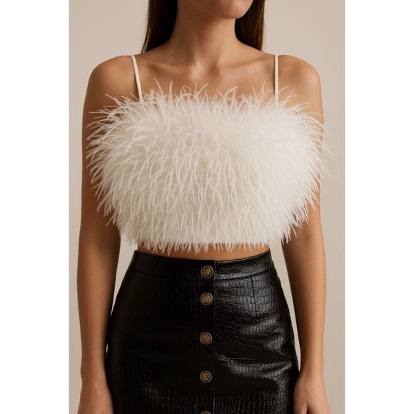 Blue B Collection Tops - Blue B Collection Feather Crop Top White Sleeveless Party Clubbing Medium